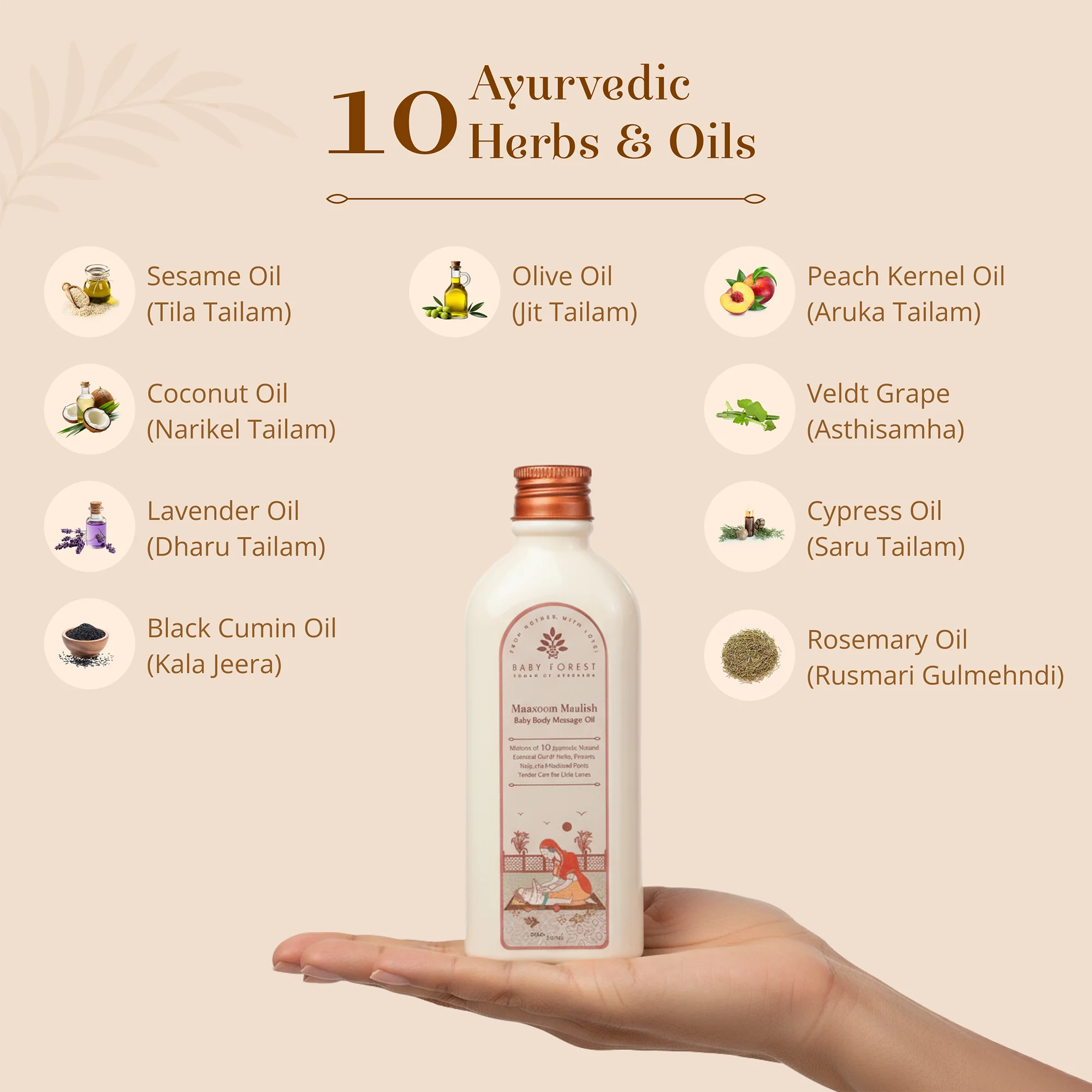 A bottle of Ayurvedic Maasoom Maalish Baby Body Massage Oil is held in a person's hand against a beige background with text listing ten included herbs and oils.