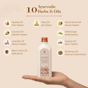 A bottle of Ayurvedic Maasoom Maalish Baby Body Massage Oil is held in a person's hand against a beige background with text listing ten included herbs and oils.
