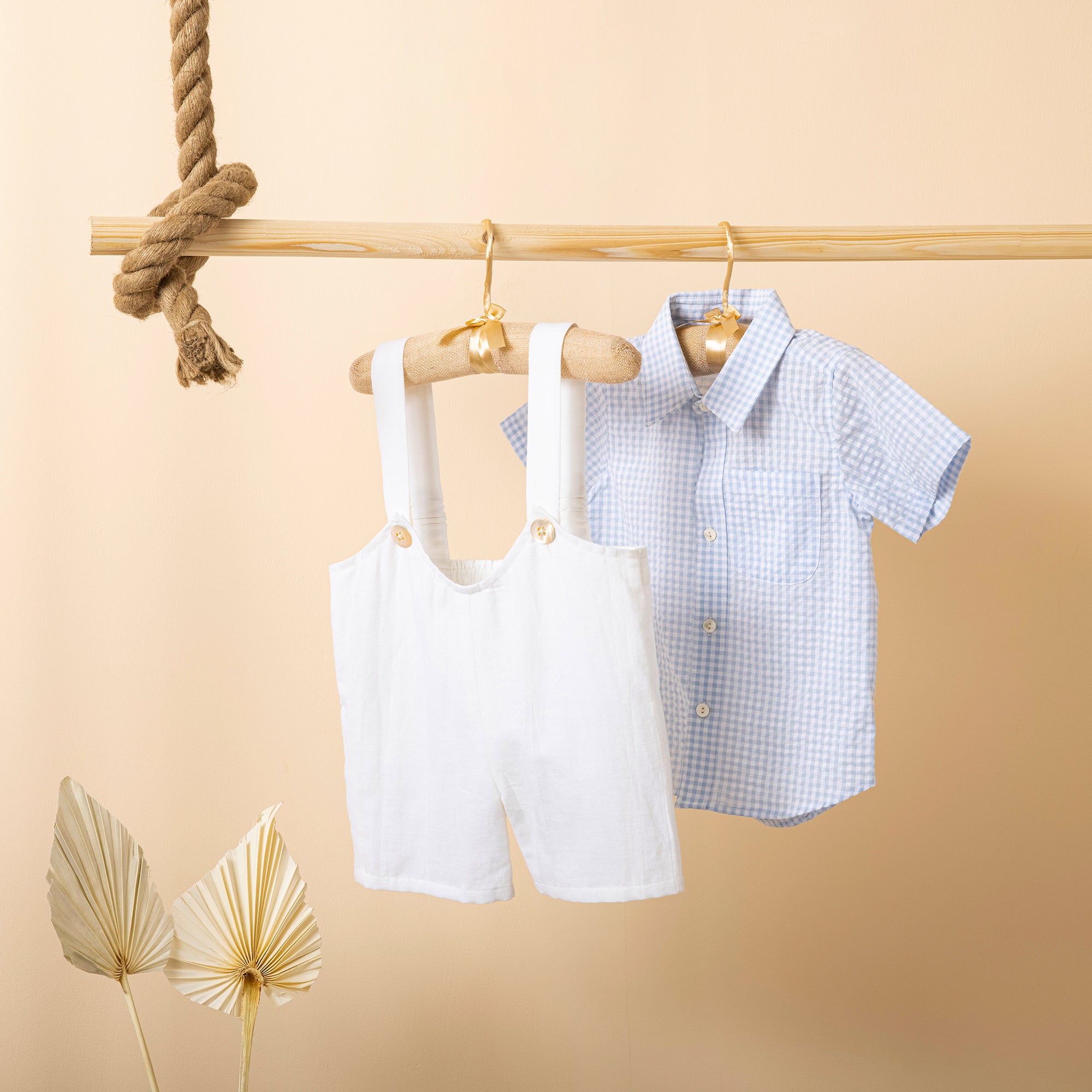Poshaak Checkered Shirt with Off White Cotton Linen Romper Set Image 01