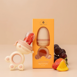 Laalan Paalan Baby Fruit Pacifier and packaging with fruits on a beige background