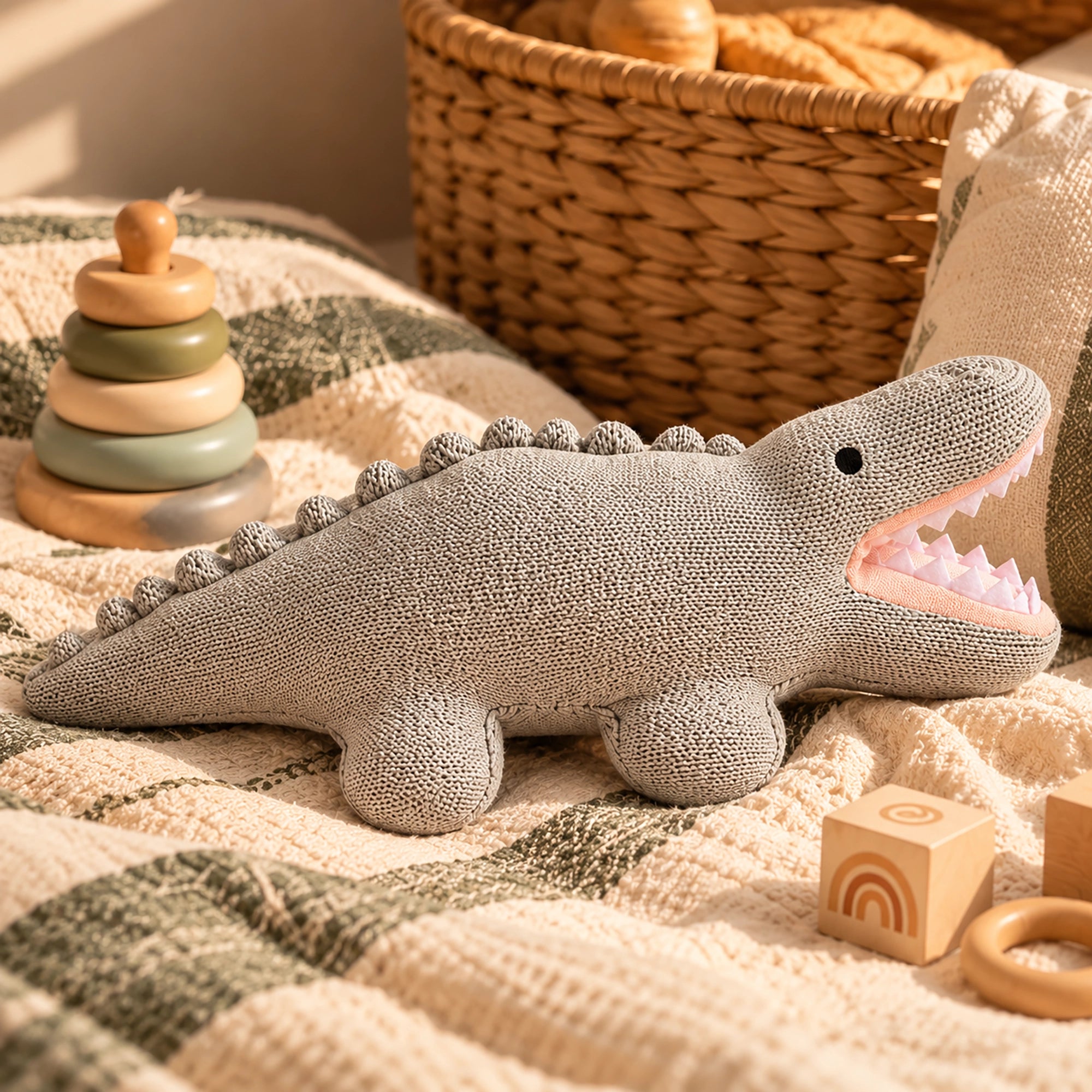A plush crocodile toy in textured gray fabric with an open mouth showing white teeth, resting on a beige and green checkered blanket with wooden toys nearby. - Cuddly Buddies Baby Croco Soft Toy