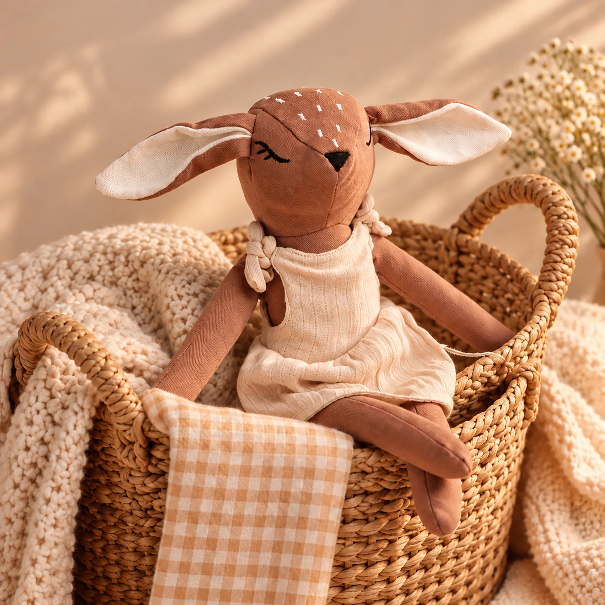 A plush Cuddly Buddies Baby Deer Soft Toy with long ears and a cream dress sits inside a woven wicker basket, surrounded by soft cream knit blankets and dried flowers.