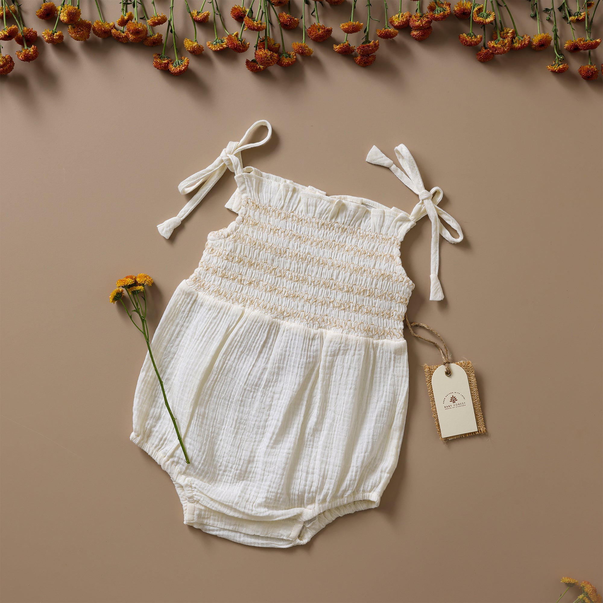 Poshaak Smocked Embroidery Baby Girl Bodysuit - off - white Image 01