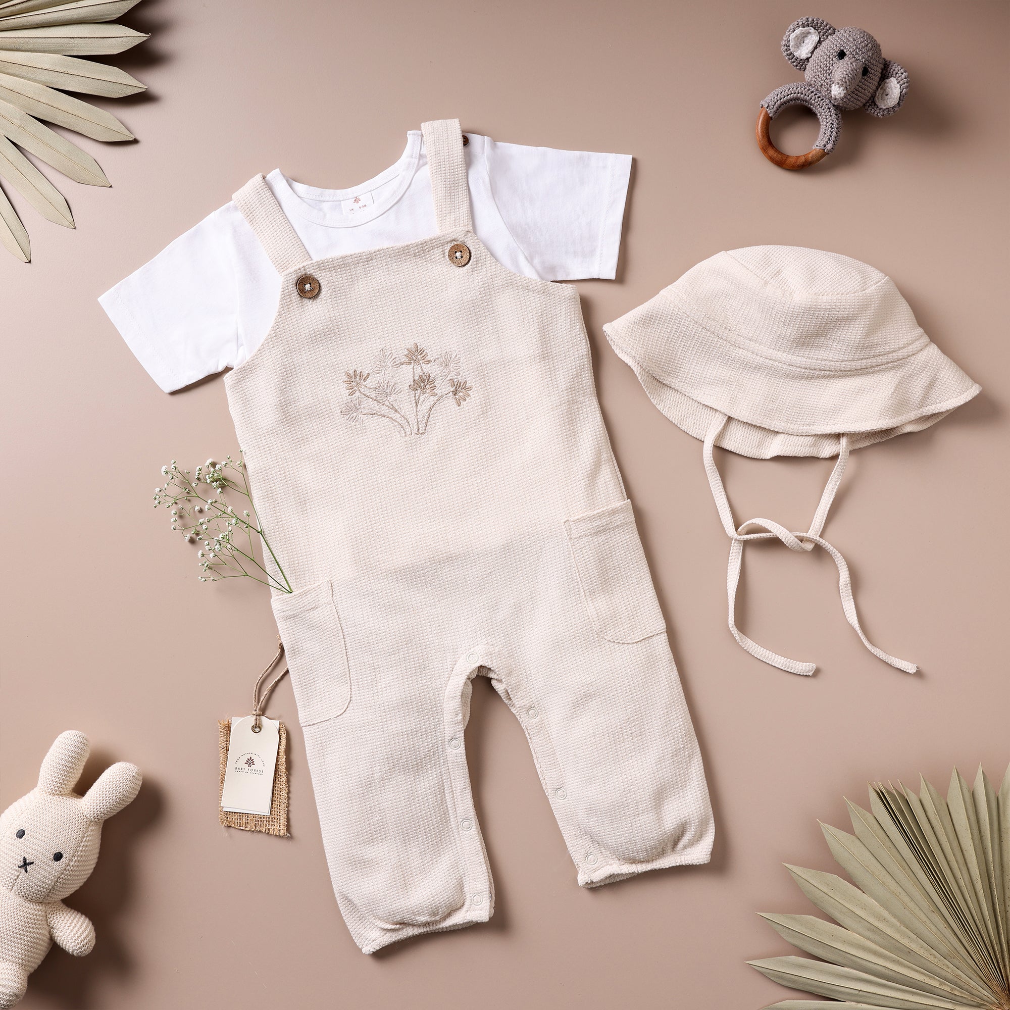 Poshaak Baby Dungree Set - Beige & White Image 01