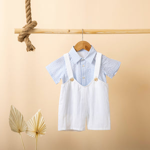 Poshaak Checkered Shirt with Off White Cotton Linen Romper Set Image 02