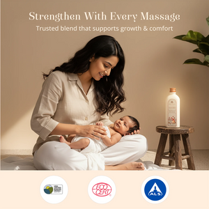 A woman in a beige shirt and white pants gently massages a baby lying on her lap in a warm, softly lit room. A small wooden stool beside her holds a Maasoom Maalish Baby Body Massage Oil.