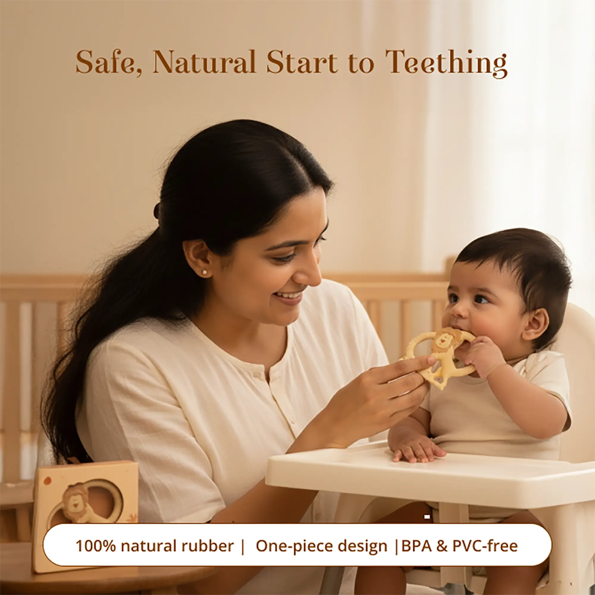 A baby sitting in a chair is shown with a Natkhat Sher Natural Rubber Baby Teether while a woman offers it. The scene includes marketing text reading 'Safe, Natural Start to Teething' and '100% natural rubber | One-piece design | BPA & PVC-free'.