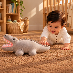 A baby crawling on a carpeted floor, reaching toward a plush Cuddly Buddies Baby Croco Soft Toy with an open mouth in a warm, sunlit nursery.