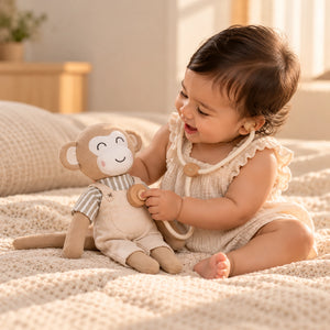 A baby sitting on a cream knit blanket, smiling while playing with a plush monkey toy. The baby is wearing a cream ruffle-shoulder romper, and the scene is lit by warm, soft sunlight in a cozy room.