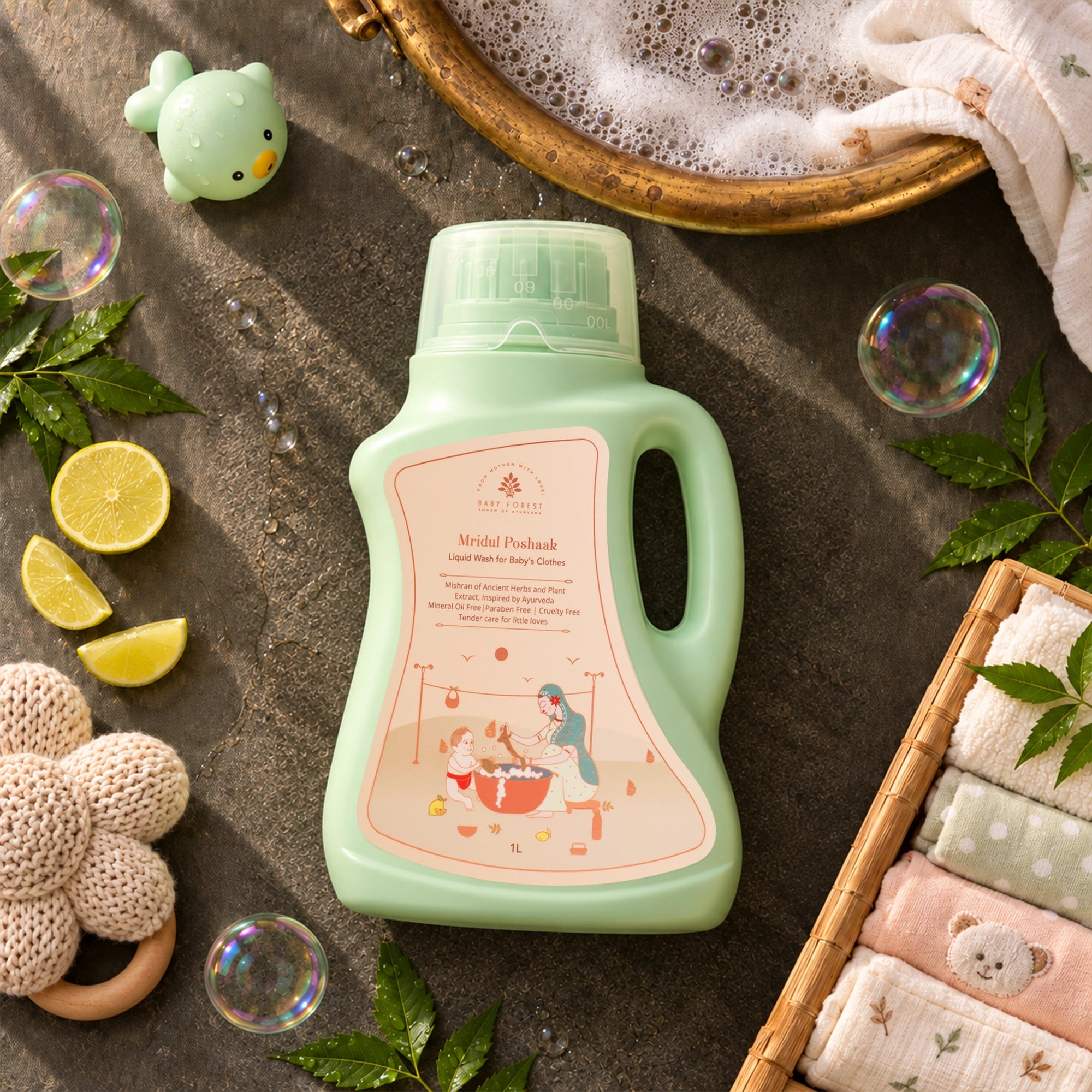 Mridul Poshaak - Liquid Wash for Baby’s Clothes with a pink label, styled in a flat-lay arrangement with baby towels, soap bubbles, lemon slices, and a gold dish on a dark textured surface.