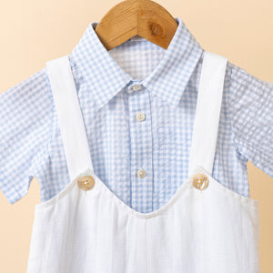 Poshaak Checkered Shirt with Off White Cotton Linen Romper Set Image 03