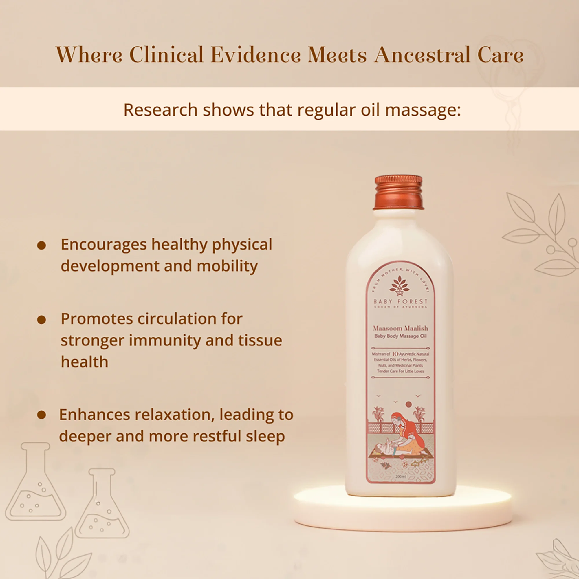 Maasoom Maalish Baby Body Massage Oil displayed on a lit pedestal against a warm beige background with marketing text about regular oil massage benefits.