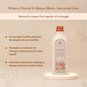 Maasoom Maalish Baby Body Massage Oil displayed on a lit pedestal against a warm beige background with marketing text about regular oil massage benefits.