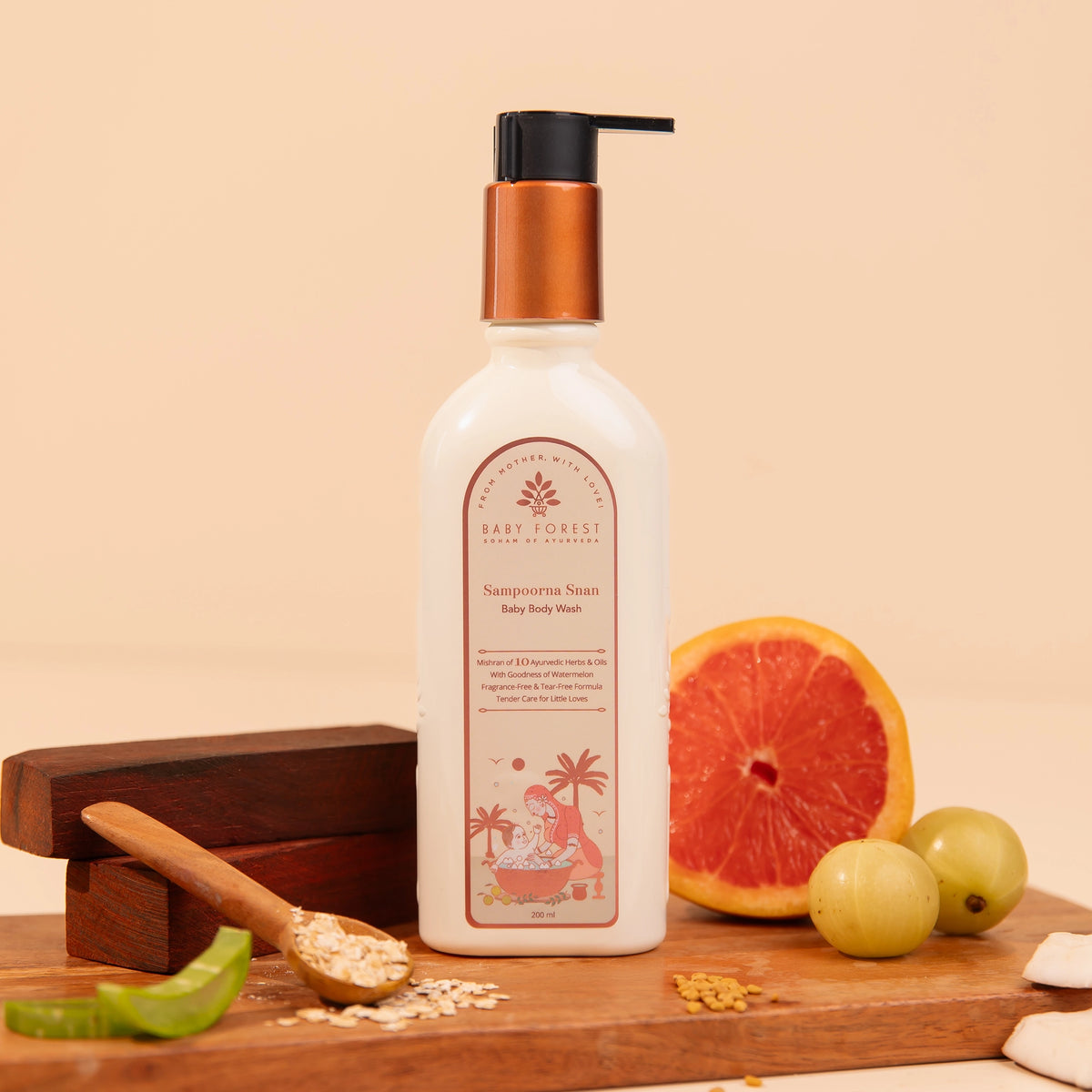 Baby Forest Sampoorna Snan Baby Body Wash bottle on a wooden board with fruits.