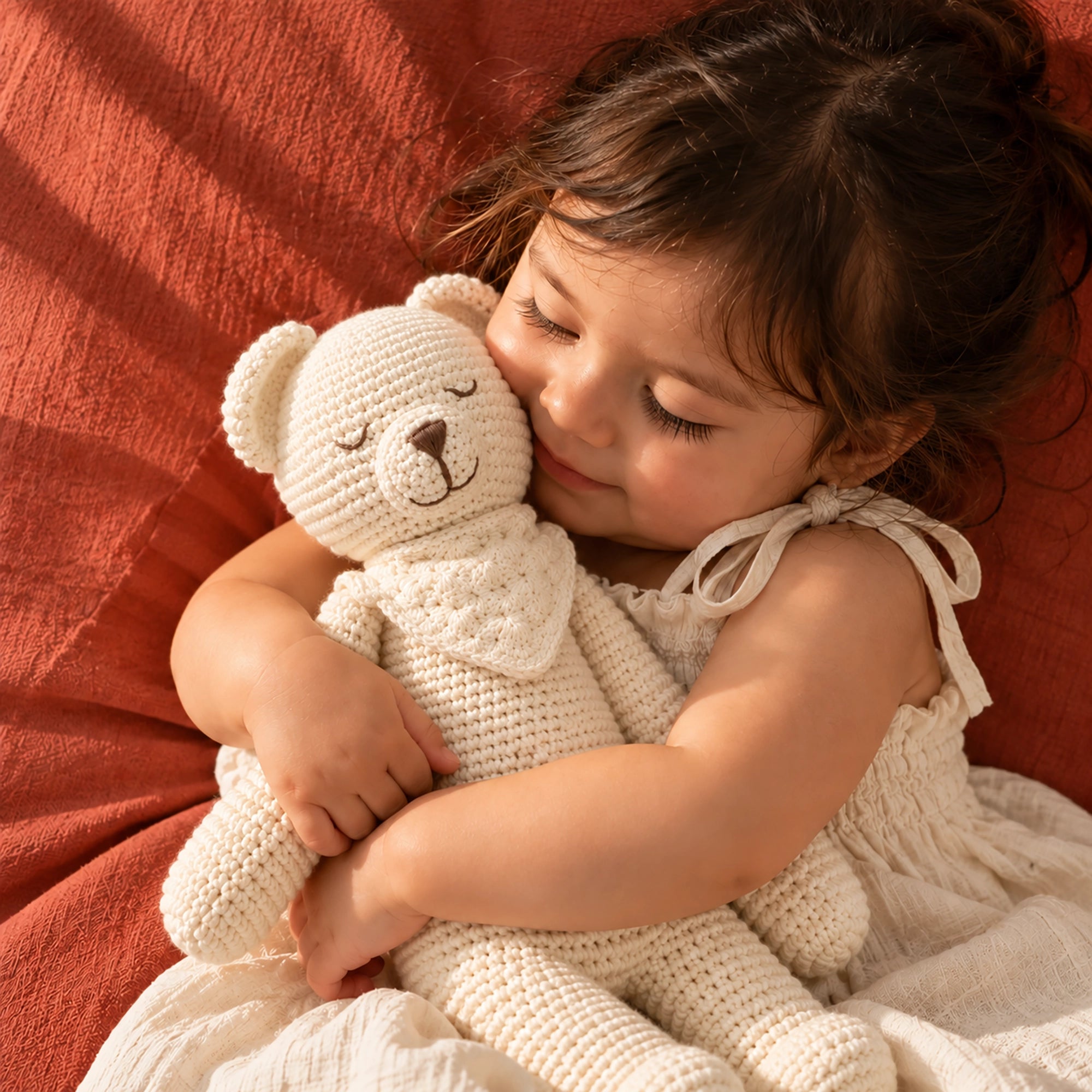 A young child with dark hair rests their head on a cream knit Crochet Karigari Cuddly Teddy Toy, hugging it closely. The child is wearing a matching cream knit dress, and both the child and the teddy bear are set against a warm rust-orange textured blanket.