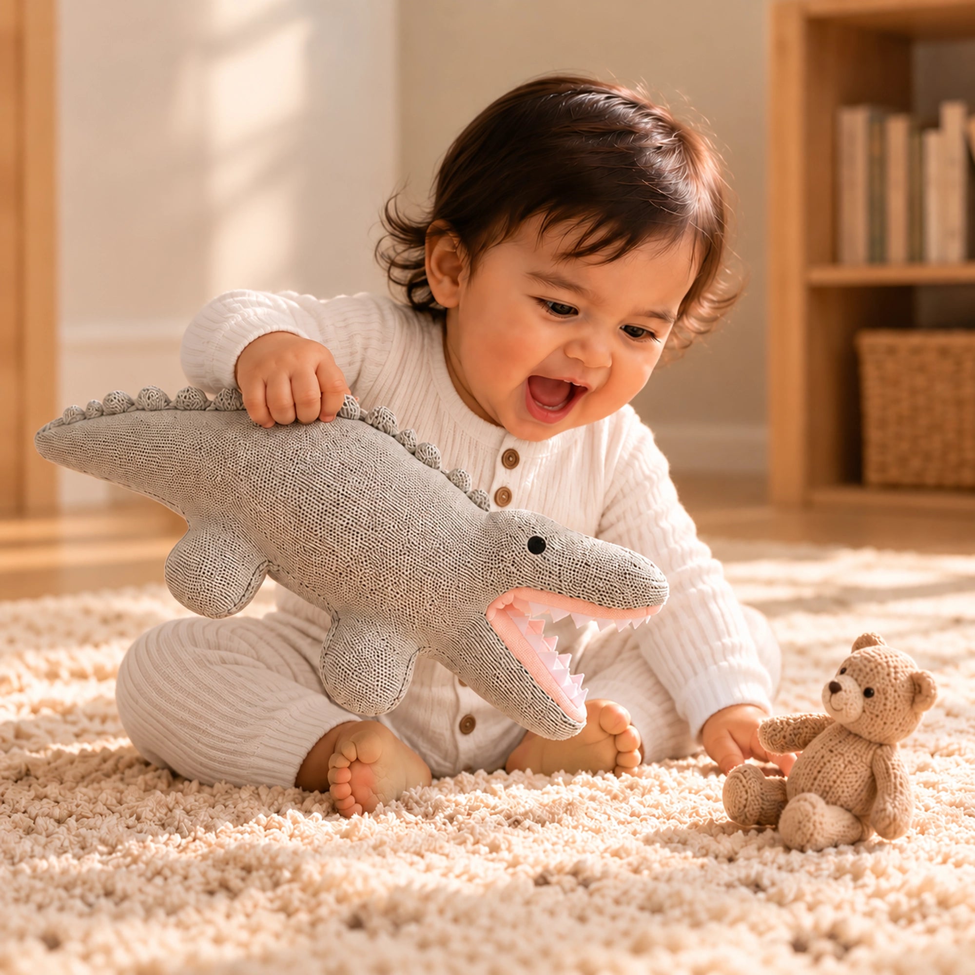 A baby sitting on a cream carpet in a warm, sunlit room, holding a large gray plush Cuddly Buddies Baby Croco Soft Toy with its mouth open, while a small teddy bear sits nearby.