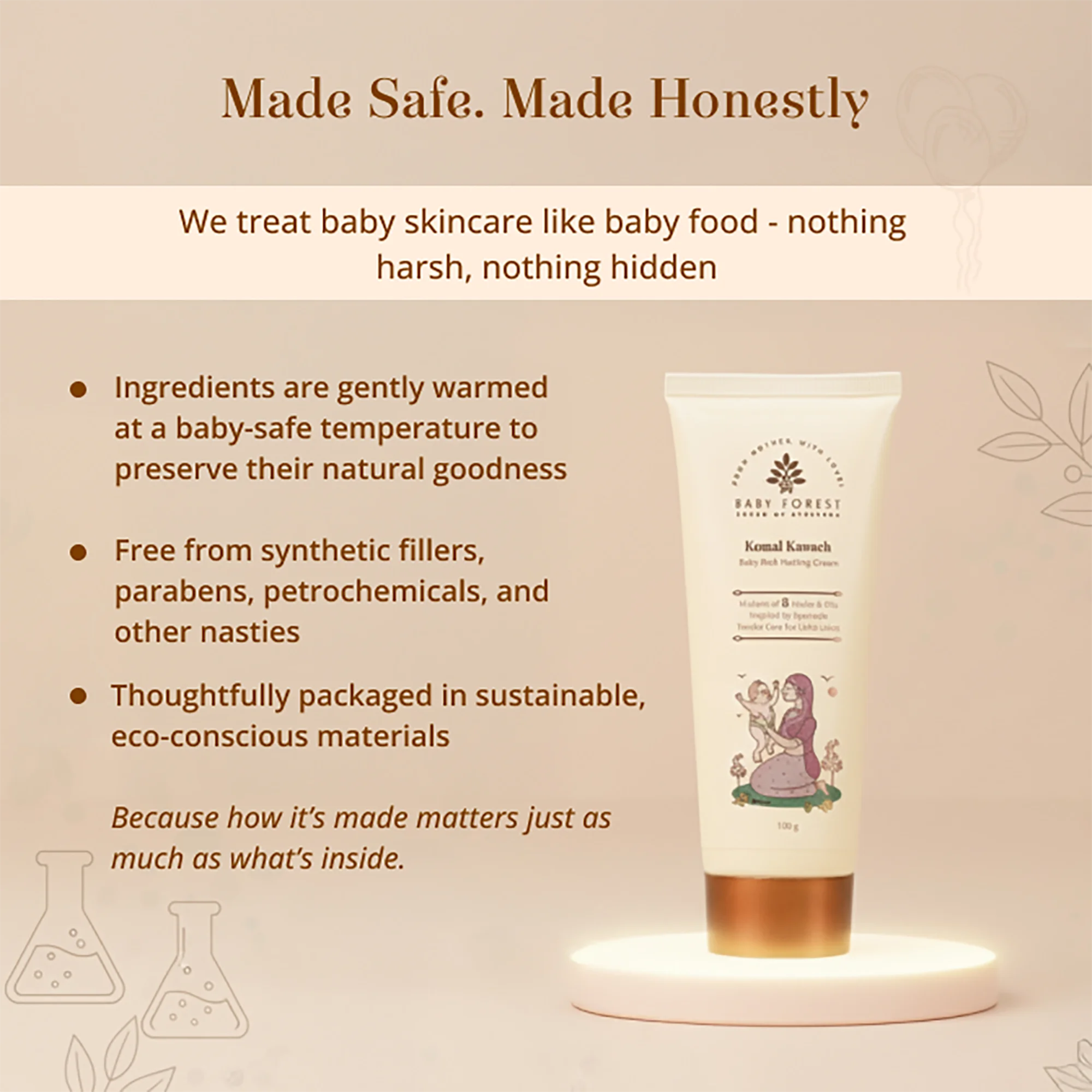 A promotional graphic for a baby skincare product showing a tube labeled 'Komal Kawach Baby Rash Healing Cream' on a white circular pedestal. 