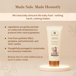 A promotional graphic for a baby skincare product showing a tube labeled 'Komal Kawach Baby Rash Healing Cream' on a white circular pedestal. 