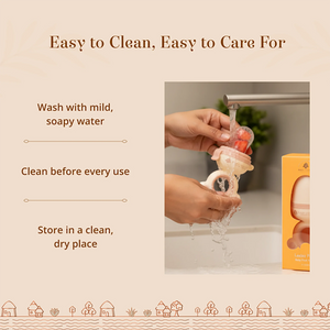 A beige promotional graphic with text reading 'Easy to Clean, Easy to Care For' and care instructions, alongside a photo of hands washing a Laalan Paalan Baby Fruit Pacifier under running water next to its yellow box.