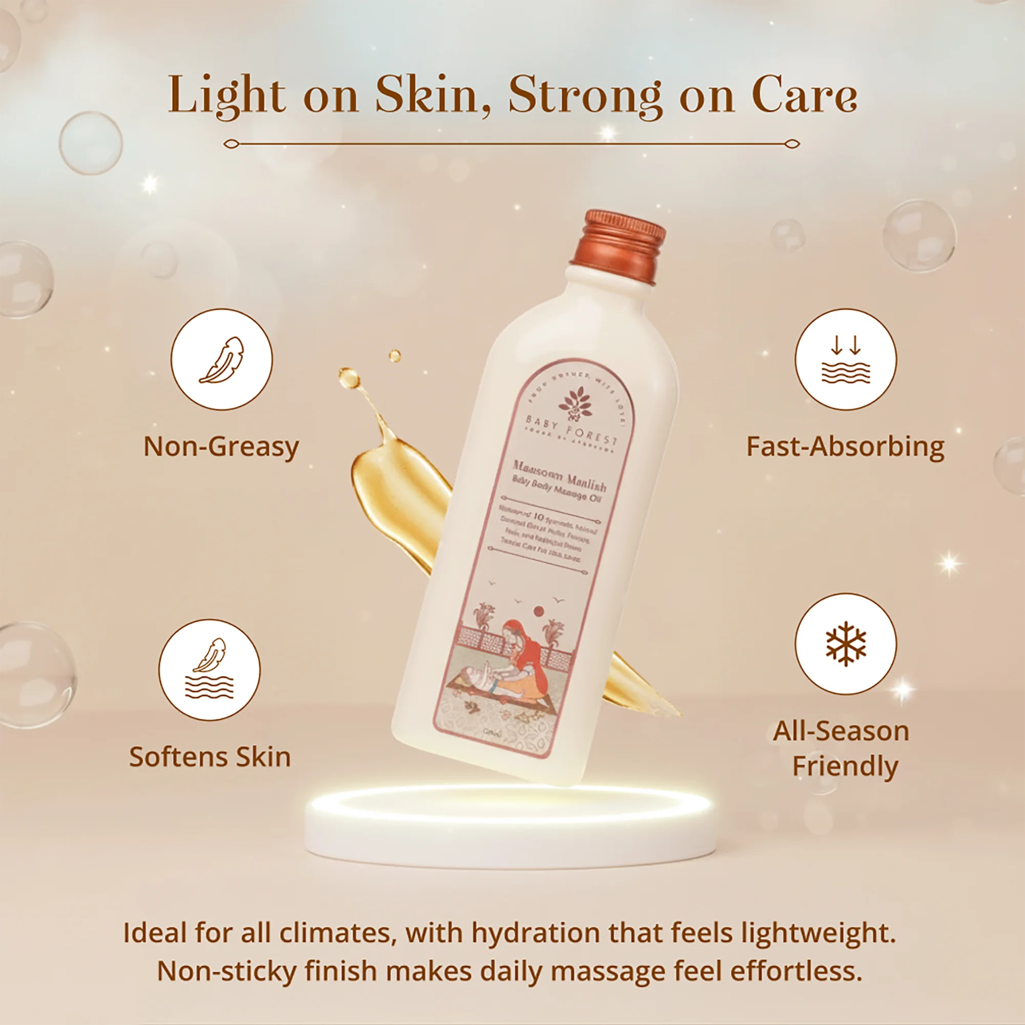A bottle of Maasoom Maalish Baby Body Massage Oil floating above a glowing white platform on a warm beige background with decorative bubbles and text callouts reading Non-Greasy, Fast-Absorbing, Softens Skin, and All-Season Friendly.