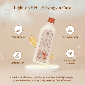 A bottle of Maasoom Maalish Baby Body Massage Oil floating above a glowing white platform on a warm beige background with decorative bubbles and text callouts reading Non-Greasy, Fast-Absorbing, Softens Skin, and All-Season Friendly.