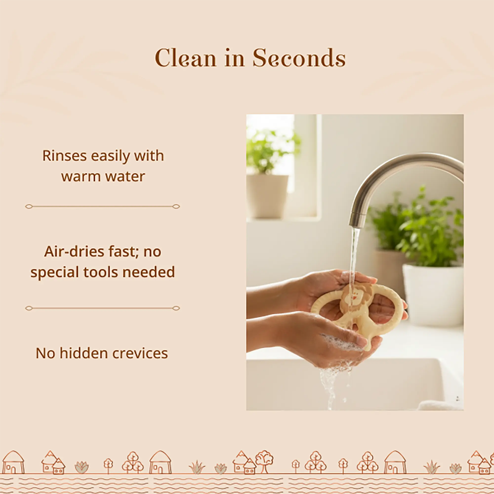 A beige promotional graphic with the headline 'Clean in Seconds- Natkhat Sher Natural Rubber Baby Teether' and text claiming it rinses easily with warm water, air-dries fast, and has no hidden crevices. 