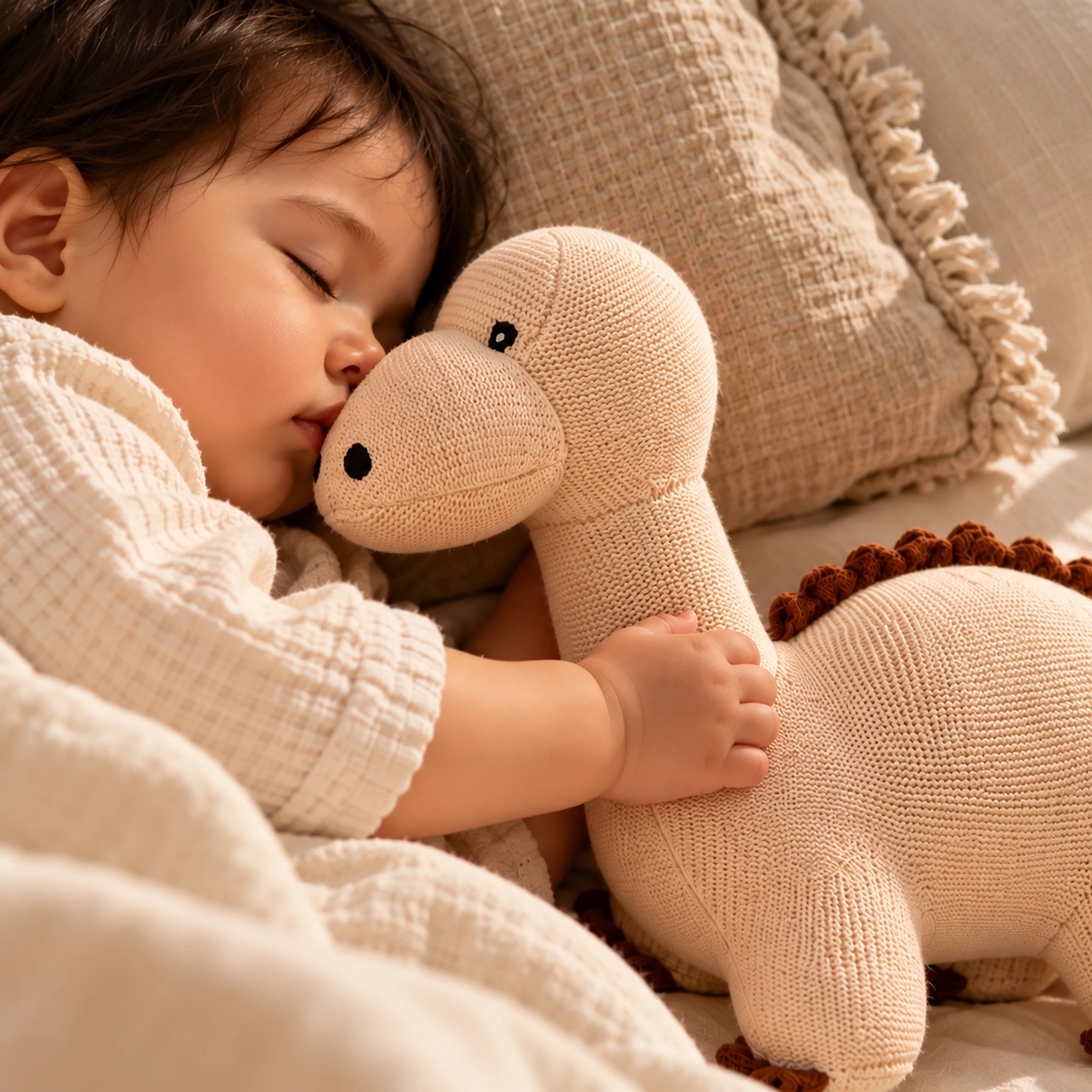 A sleeping baby in a cream textured blanket hugging a knitted beige dinosaur plush toy with a brown spiky tail on a cozy bed with matching pillows.