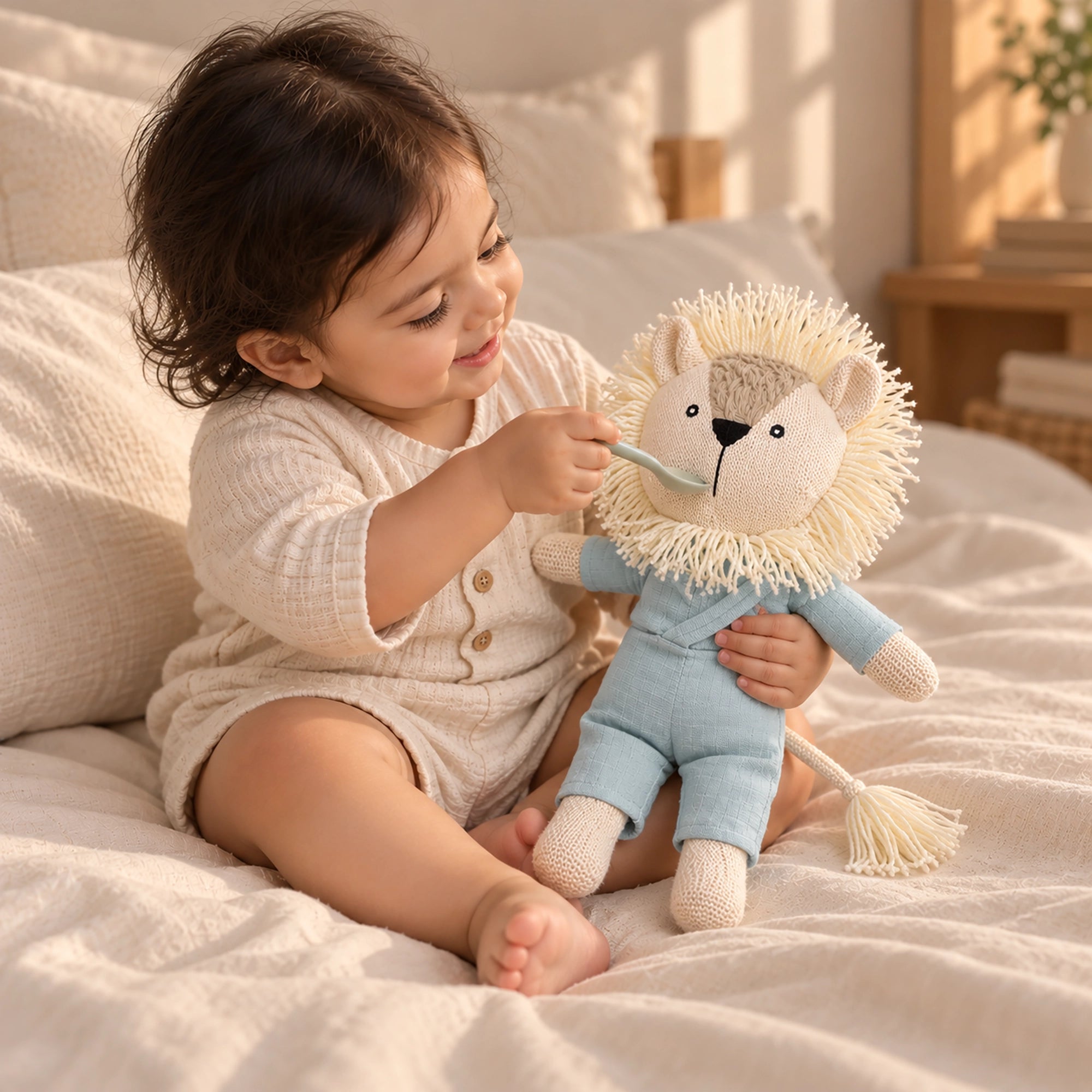 A baby sitting on a bed in a warm, softly lit room, holding and feeding a Cuddly Buddies Baby Simba Soft Toy with a cream shaggy mane and a light blue outfit.
