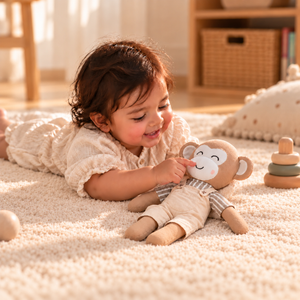 A baby lying on a cream carpet and smiling while touching a plush monkey toy. The baby is wearing a cream lace-trim romper, and the scene is set in a warm, softly lit nursery with wooden toys and furniture in the background.