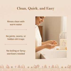 Promotional graphic with the headline 'Clean, Quick, and Easy' and text listing benefits: 'Rinses clean with warm water,' 'No joints, seams, or hidden dirt traps,' and 'No boiling or fancy sterilizers needed" for Sneh Dulaar Baby Pacifier.