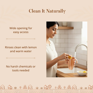 Promotional graphic for a Tiny Tamba Pure Copper Sipper for Kids with text reading 'Clean It Naturally' and feature callouts about easy access, lemon and warm water rinsing, and no harsh chemicals.