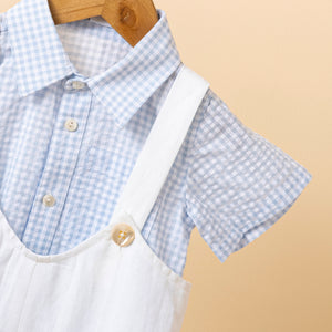 Poshaak Checkered Shirt with Off White Cotton Linen Romper Set Image 05