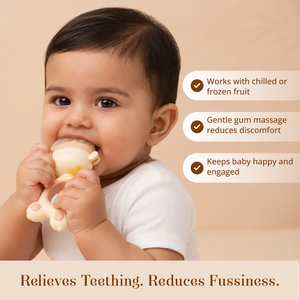A baby is shown biting and holding a cream-colored Laalan Paalan Baby Fruit Pacifier with text callouts on the right listing benefits, set against a warm beige background.