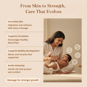 Promotional graphic for baby body massage oil with text on the left and a photo of a woman massaging a baby on the right, set on a warm beige background.