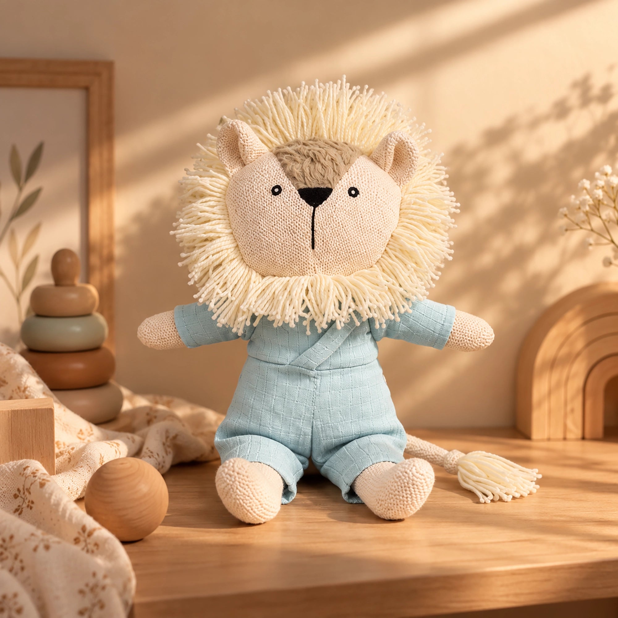 A plush soft lion toy with a cream-colored yarn mane, a beige face and paws, and a light blue outfit, sitting on a wooden surface in a warm, styled nursery setting. - Cuddly Buddies Baby Simba Soft Toy