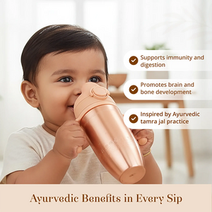 A baby drinking from a Tiny Tamba Pure Copper Sipper, with text overlays highlighting the health benefits.