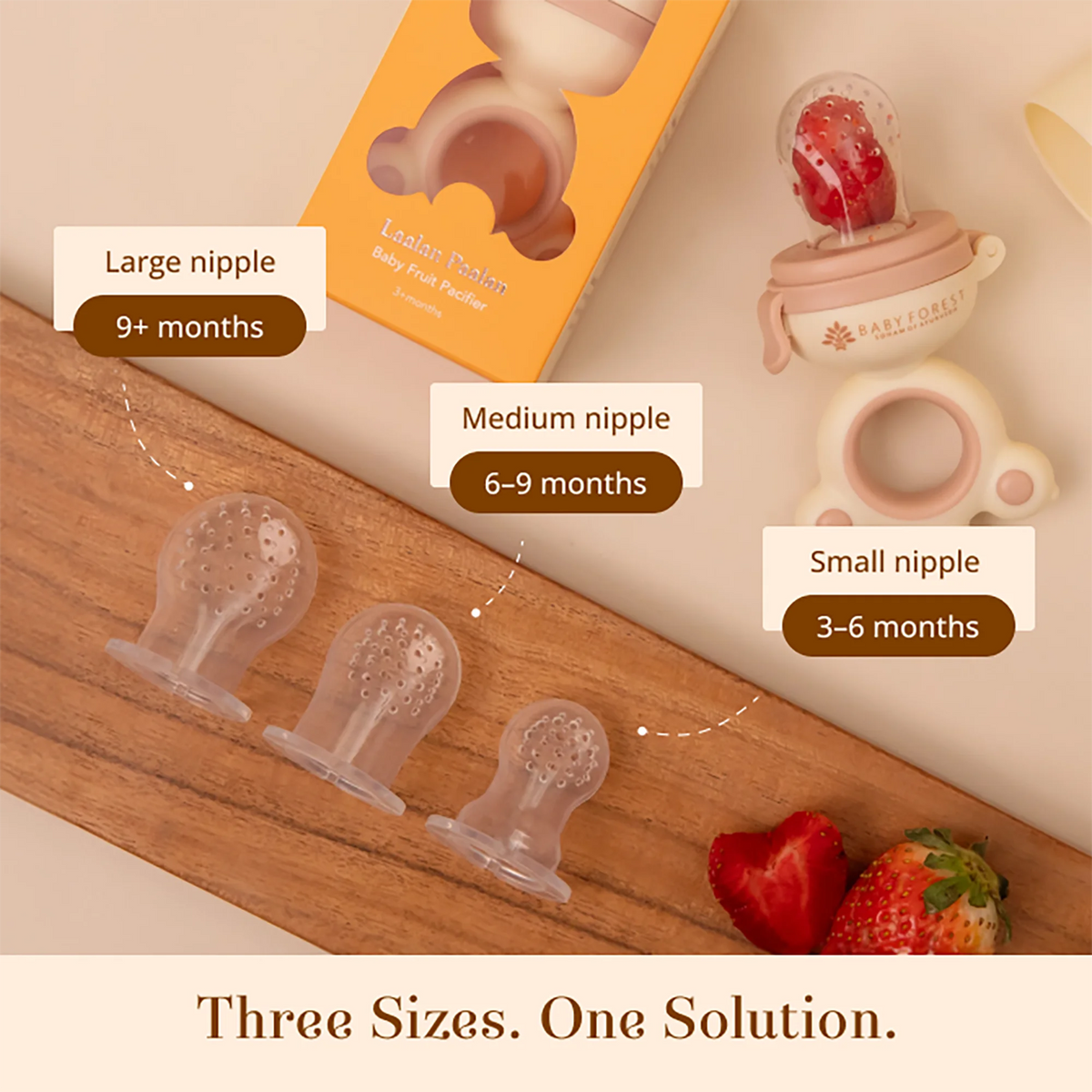 Three sizes of Laalan Paalan Baby Fruit Pacifier shown on a wooden board with a product box and two assembled baby fruit pacifier. Text labels indicate Large nipple for 9+ months, Medium nipple for 6-9 months, and Small nipple for 3-6 months.