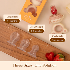 Three sizes of Laalan Paalan Baby Fruit Pacifier shown on a wooden board with a product box and two assembled baby fruit pacifier. Text labels indicate Large nipple for 9+ months, Medium nipple for 6-9 months, and Small nipple for 3-6 months.