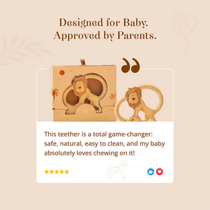 A promotional graphic for a Baby Teether showing a lion-shaped teething ring and its matching box on a warm beige background with text reading 'Designed for Baby. Approved by Parents.