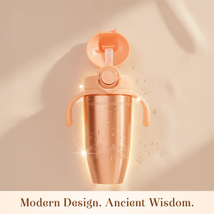 Tiny Tamba Pure Copper Sipper for Kids with a flip-top straw lid and side grips, shown against a warm beige background with decorative sparkles. Text at the bottom reads 'Modern Design. Ancient Wisdom.