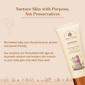 Baby Forest Komal Kawach Baby Rash Healing Cream tube shown on a beige promotional background with marketing text.