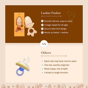 A promotional comparison graphic for the Laalan Paalan Baby Fruit Pacifier and other pacifier. 