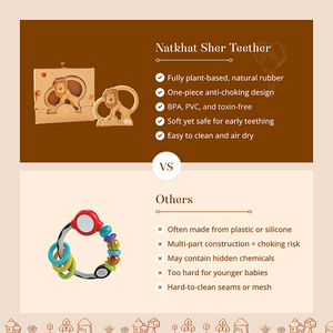 An infographic comparison graphic for a Natkhat Sher Natural Rubber Baby Teether. The top half has a dark brown background with text describing the teether's features (plant-based natural rubber, one-piece anti-choking design, BPA/PVC/toxin-free, soft yet safe, easy to clean and air dry).