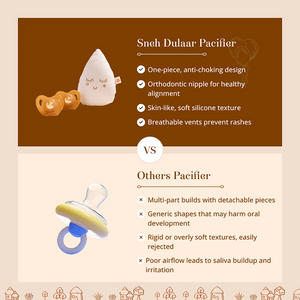 Promotional infographic for a Sneh Dulaar Baby Pacifier, showing the product alongside comparison text with other pacifiers.