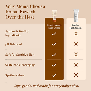 Comparison chart of Komal Kawach Baby Rash Cream versus regular rash cream with listed benefits.