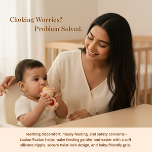 A baby and mother sitting at a table, with the baby holding a Laalan Paalan Baby Fruit Pacifier. The image features promotional text highlighting the product's benefits for teething comfort and safety.
