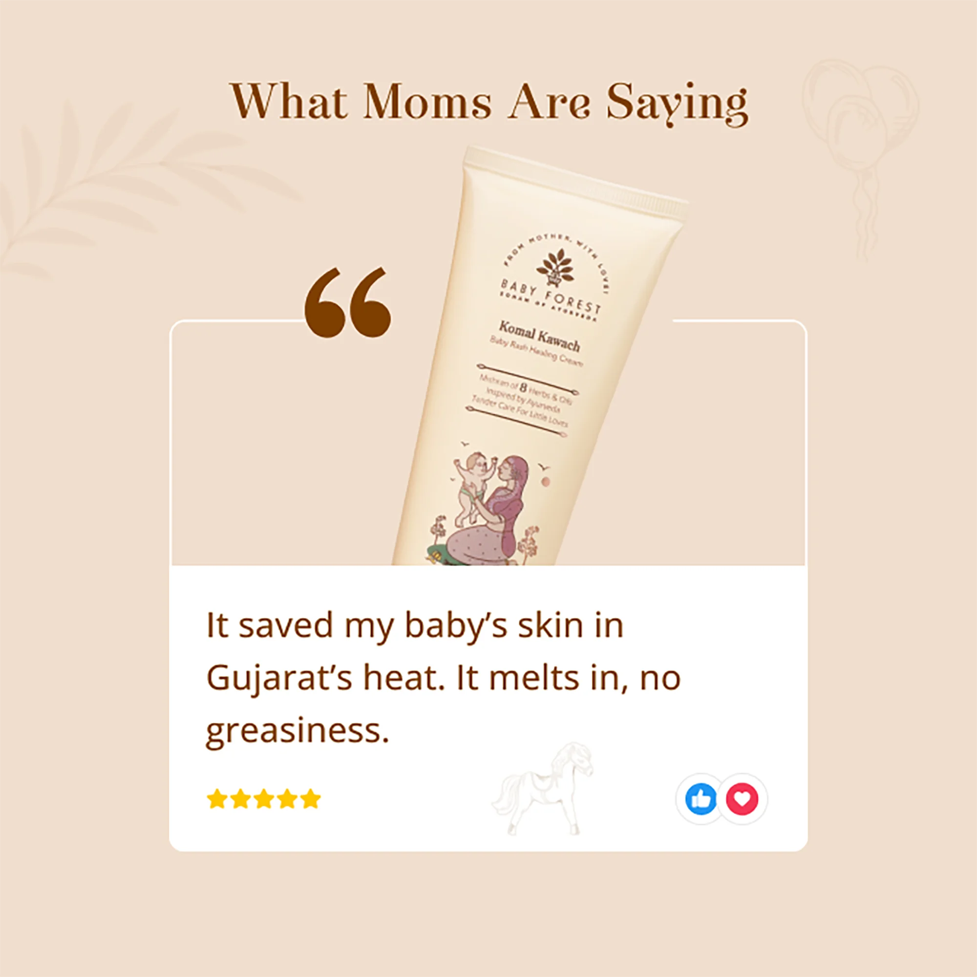 A promotional graphic featuring a tube of Baby Forest Komal Kawach Baby Rash Healing Cream. The graphic includes the text 'What Moms Are Saying' and a customer testimonial quote below the product.