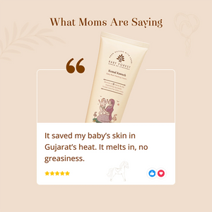 A promotional graphic featuring a tube of Baby Forest Komal Kawach Baby Rash Healing Cream. The graphic includes the text 'What Moms Are Saying' and a customer testimonial quote below the product.