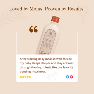 A promotional graphic for a bottle of Maasoom Maalish Baby Body Massage Oil, featuring a beige background with decorative leaf motifs, a customer testimonial quote, and a five-star rating at the bottom.