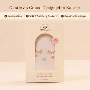 Baby forest Sneh Dulaar BPA free baby pacifier in its cream-colored packaging, displayed against a soft beige background with promotional text at the top.